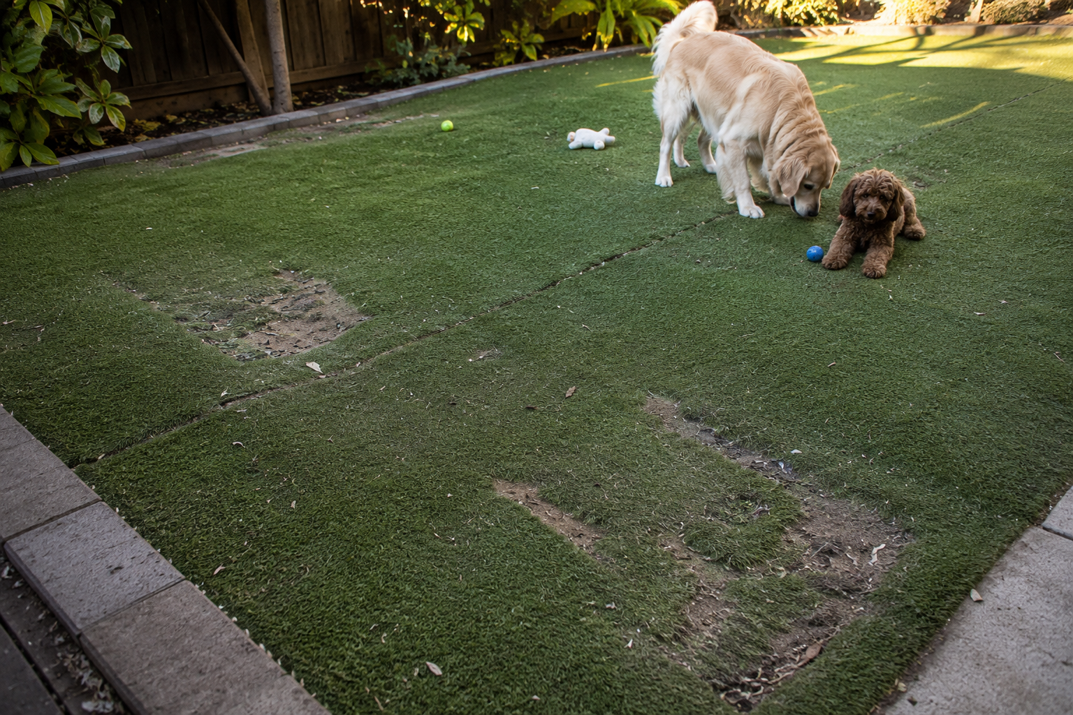 Artificial turf being inspected for repair