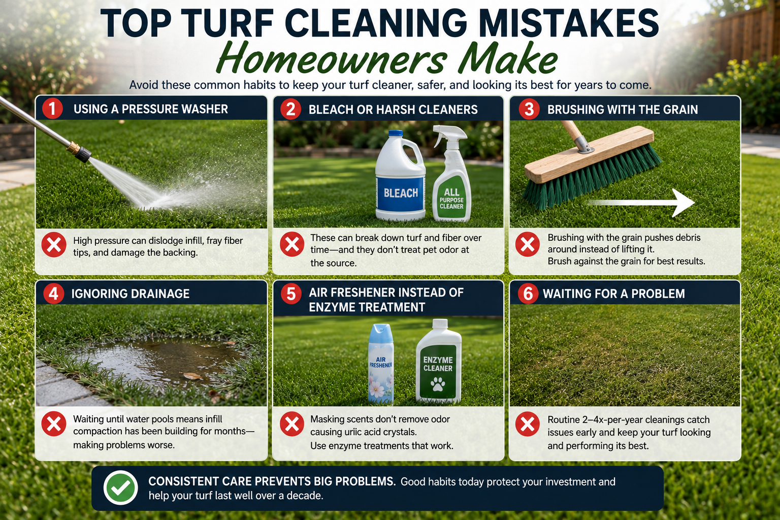Turf cleaning mistakes homeowners make on residential artificial grass