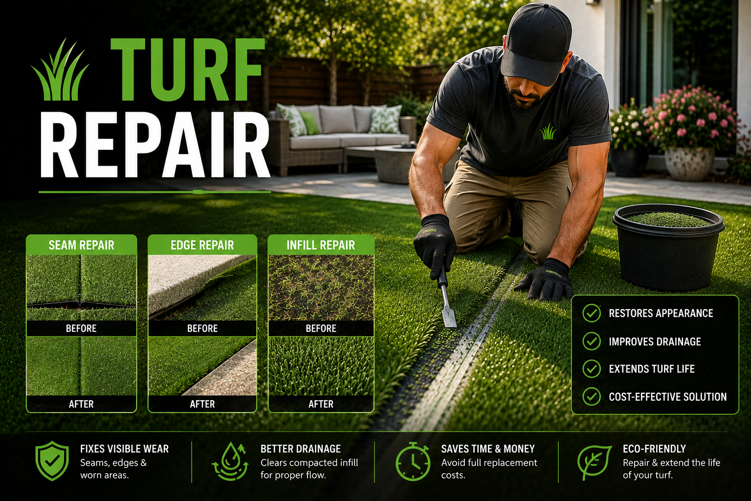 Artificial turf repair in a Los Gatos backyard