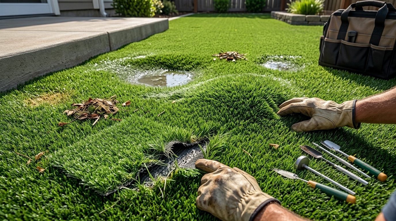 Artificial turf maintenance in a residential backyard